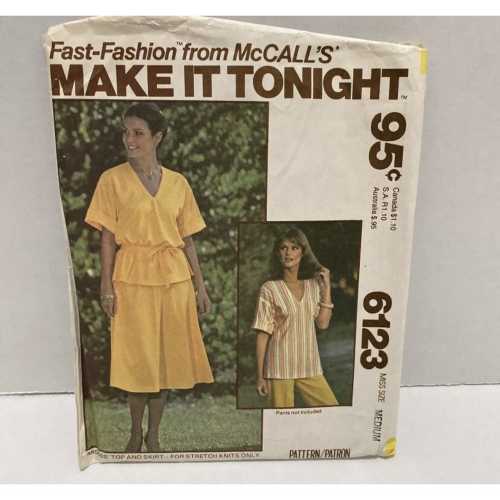 Vintage 1978 McCalls 6123 Sewing Pattern Misses Top Skirt Set Size Medium Cut